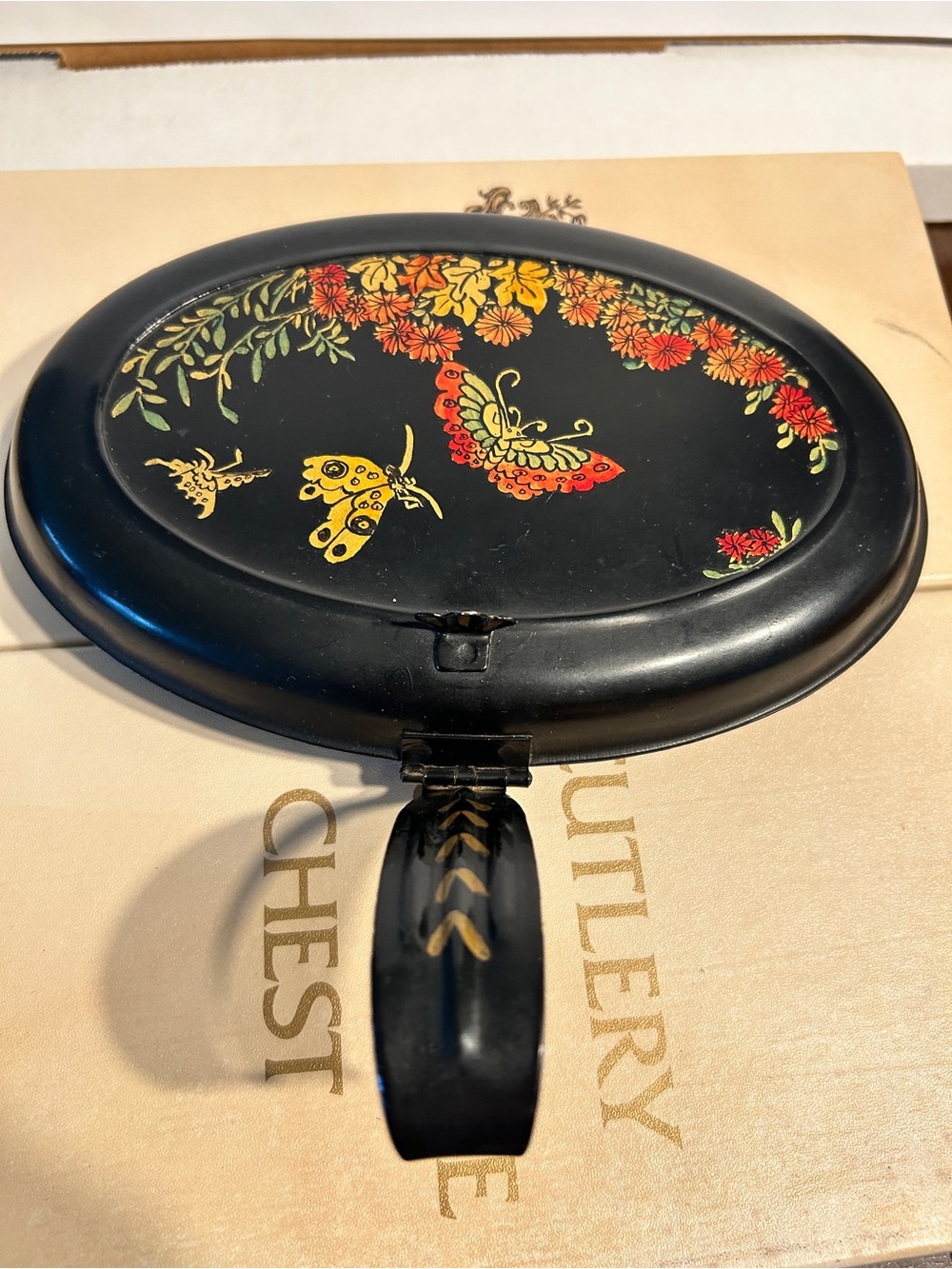 Hand-Painted Black Silent Butler with Butterfly Motif